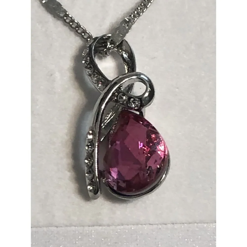 Teardrop Pendant Bright Pink Crystal‎ Necklace Rhinestones 16